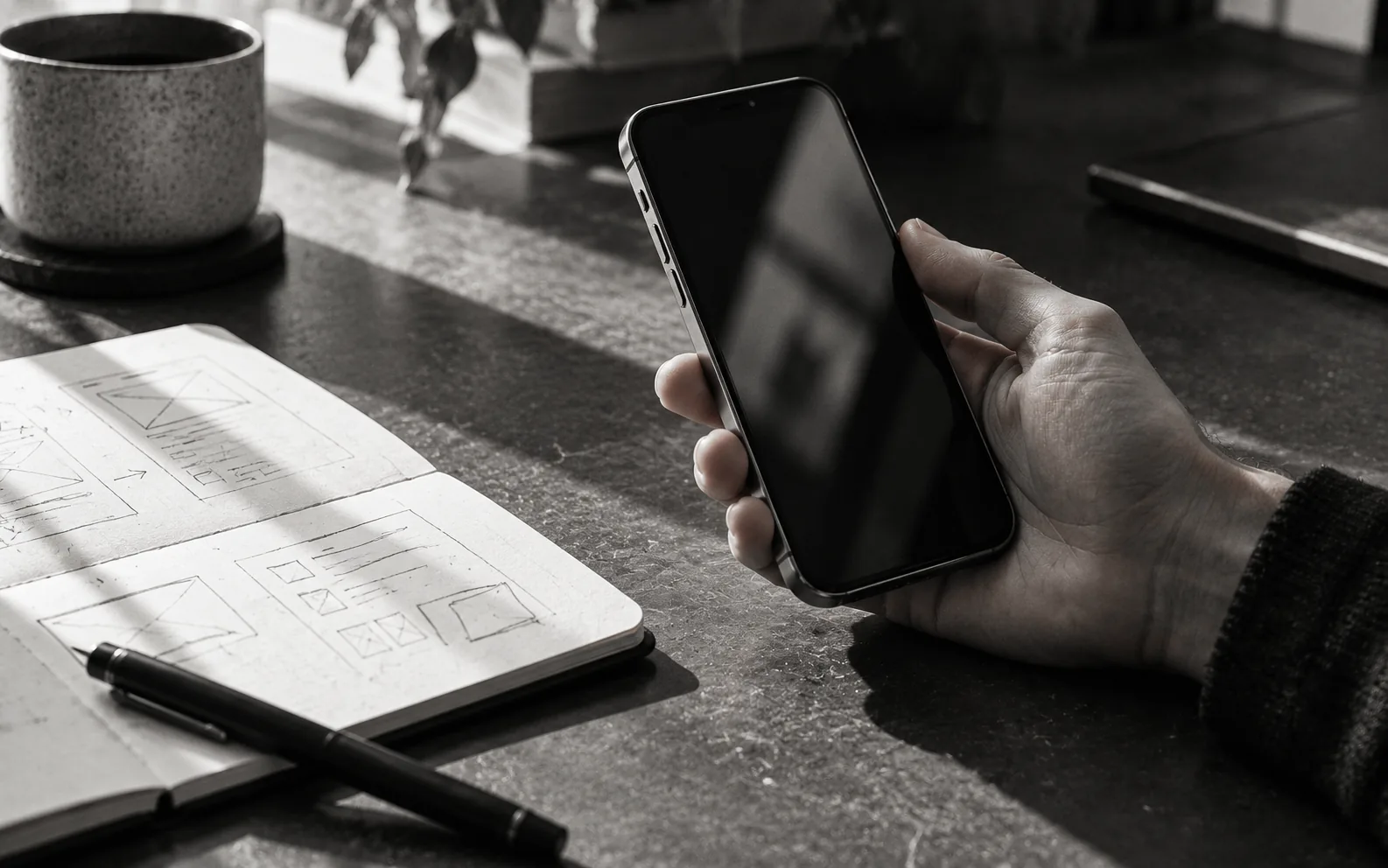 Kâğıt ekran taslaklarının yanında telefon tutan bir el