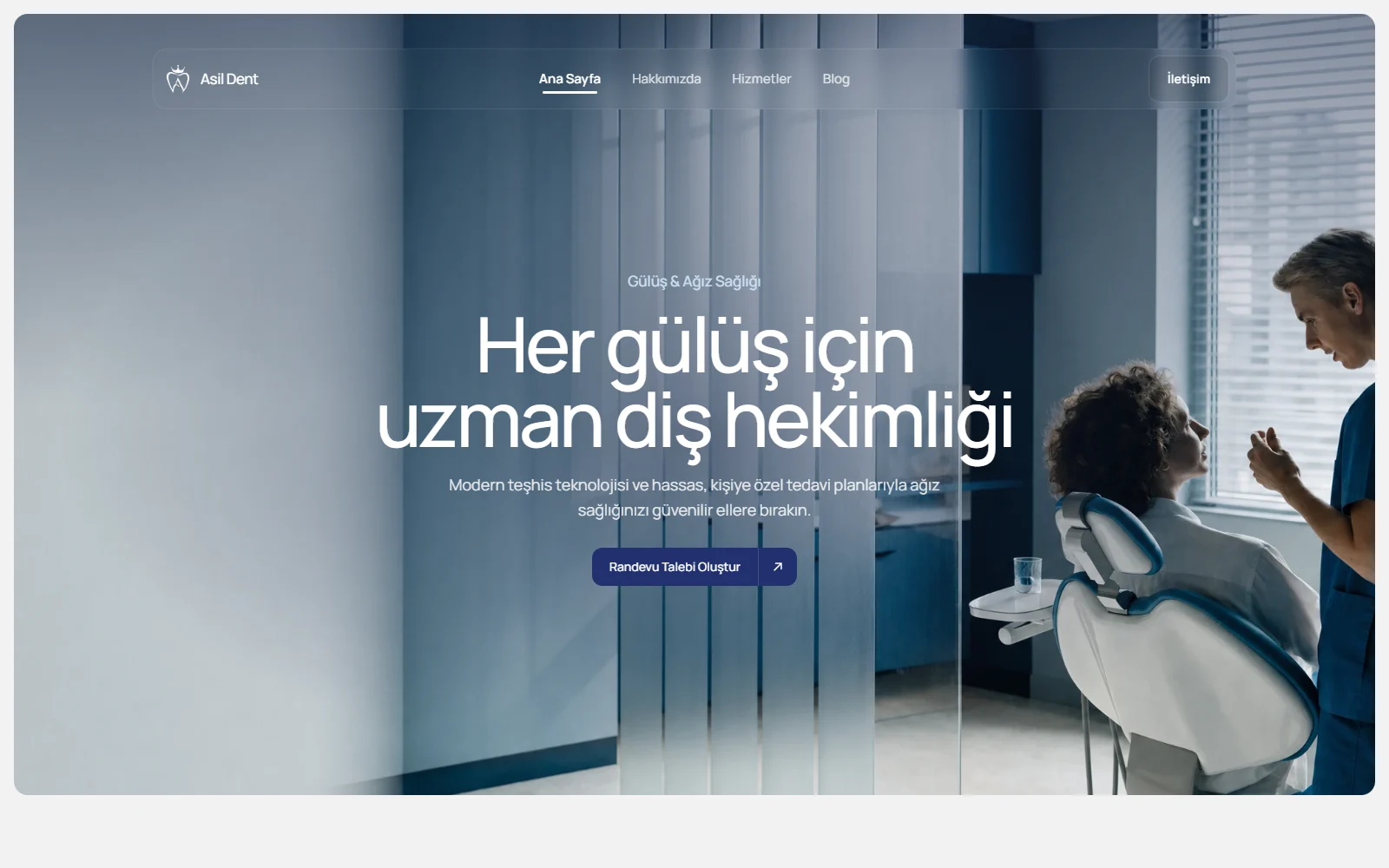 Asil Dent diş kliniği web sitesinin ana sayfası, masaüstü görünüm