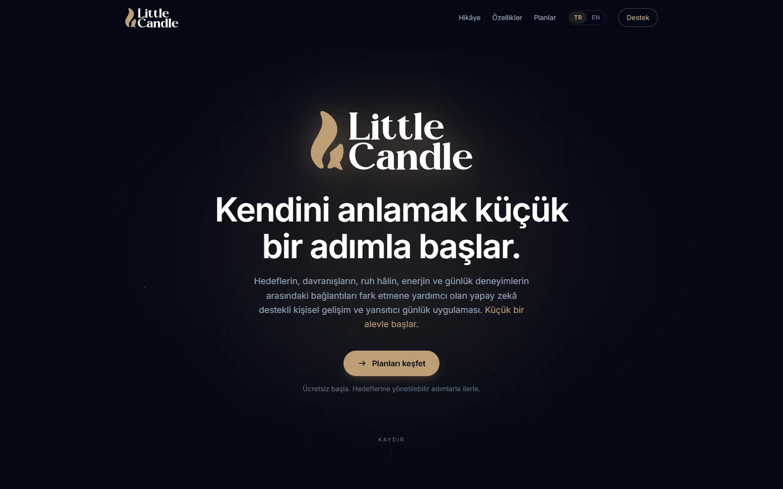 Little Candle uygulamasının tanıtım sitesinin ana sayfası, masaüstü görünüm
