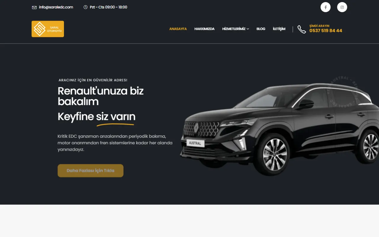 Saral Otomotiv kurumsal web sitesinin ana sayfası, masaüstü görünüm