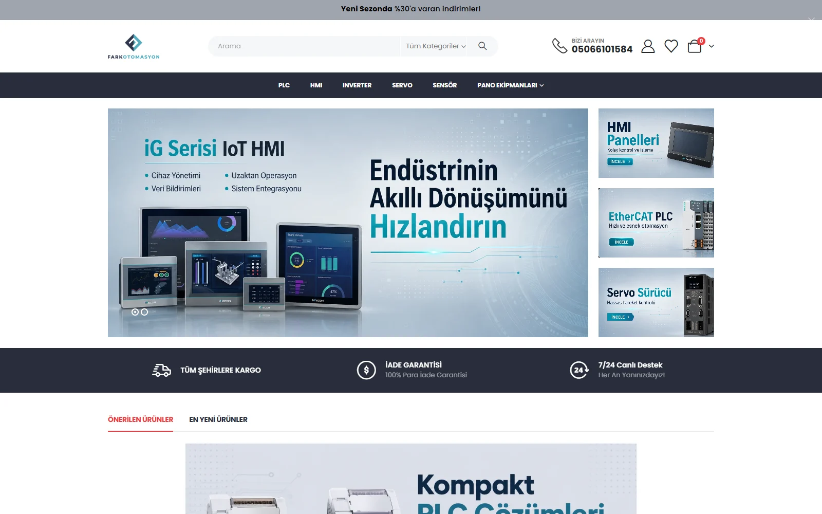 Fark Otomasyon online mağazasının ana sayfası, masaüstü görünüm