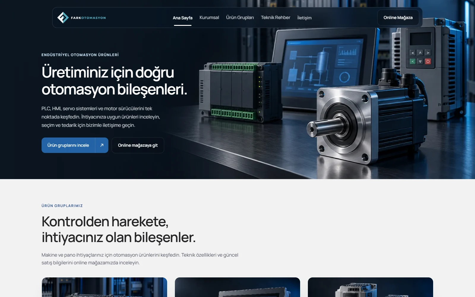 Fark Otomasyon kurumsal web sitesinin ana sayfası, masaüstü görünüm
