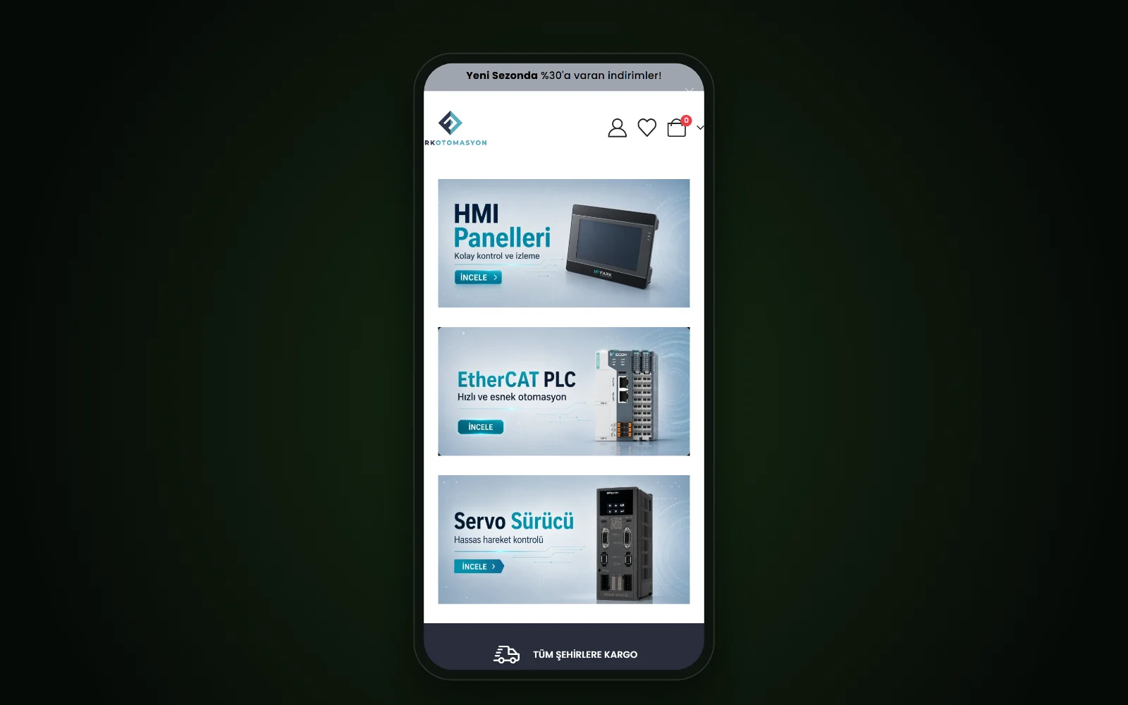 Fark Otomasyon online mağazasının telefon ekranındaki görünümü