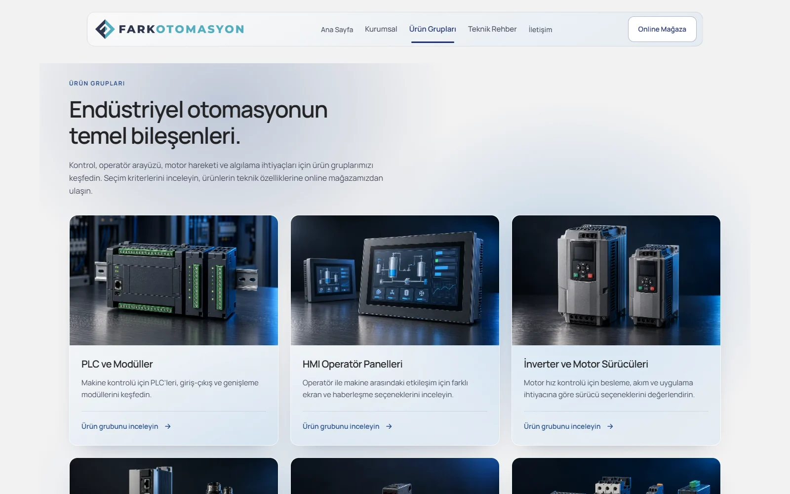 Fark Otomasyon kurumsal sitesinde altı ürün grubunu fotoğraflı kartlarla sunan sayfa