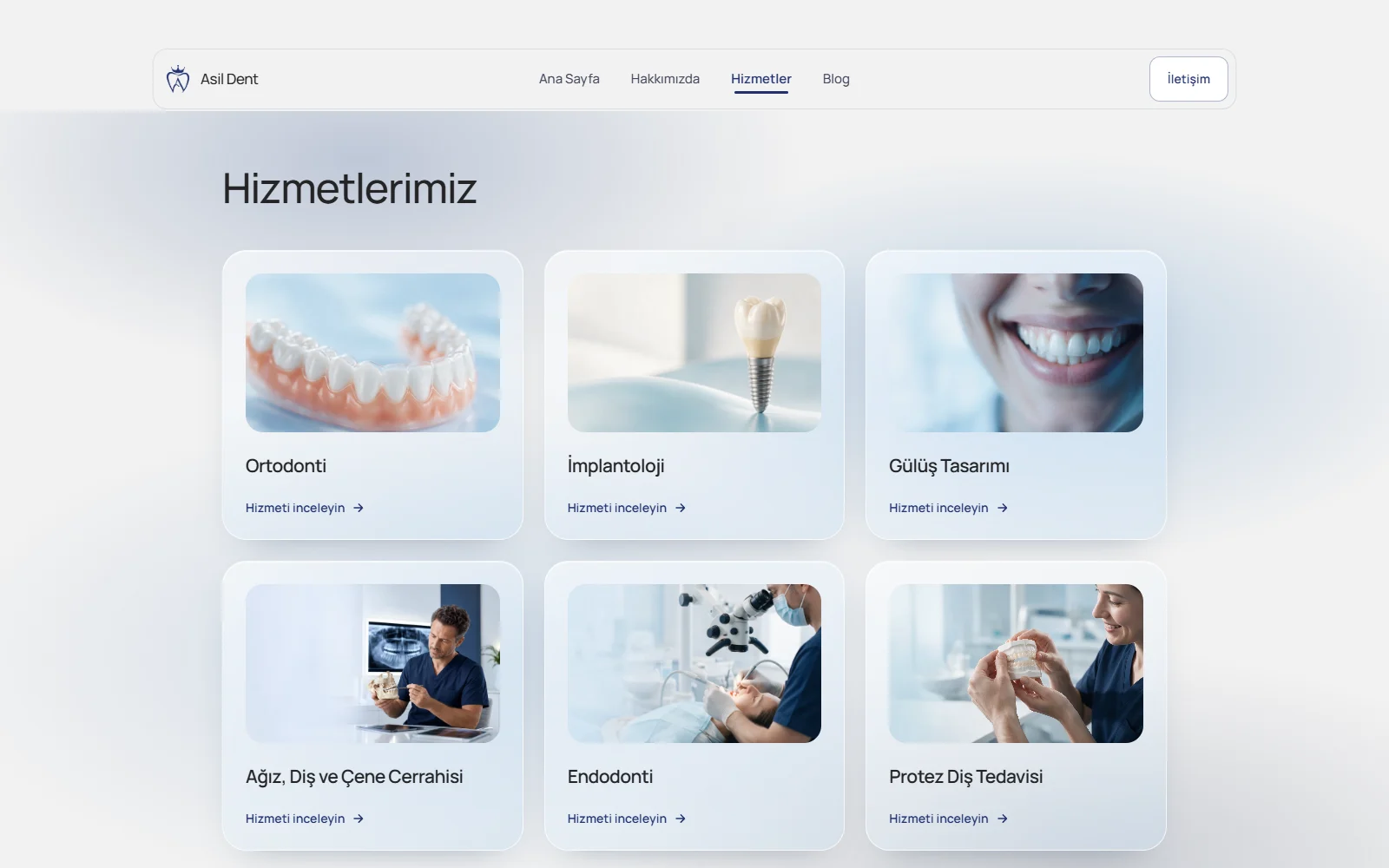 Asil Dent sitesinin altı tedavi alanını fotoğraflı kartlarla sunan hizmetler sayfası