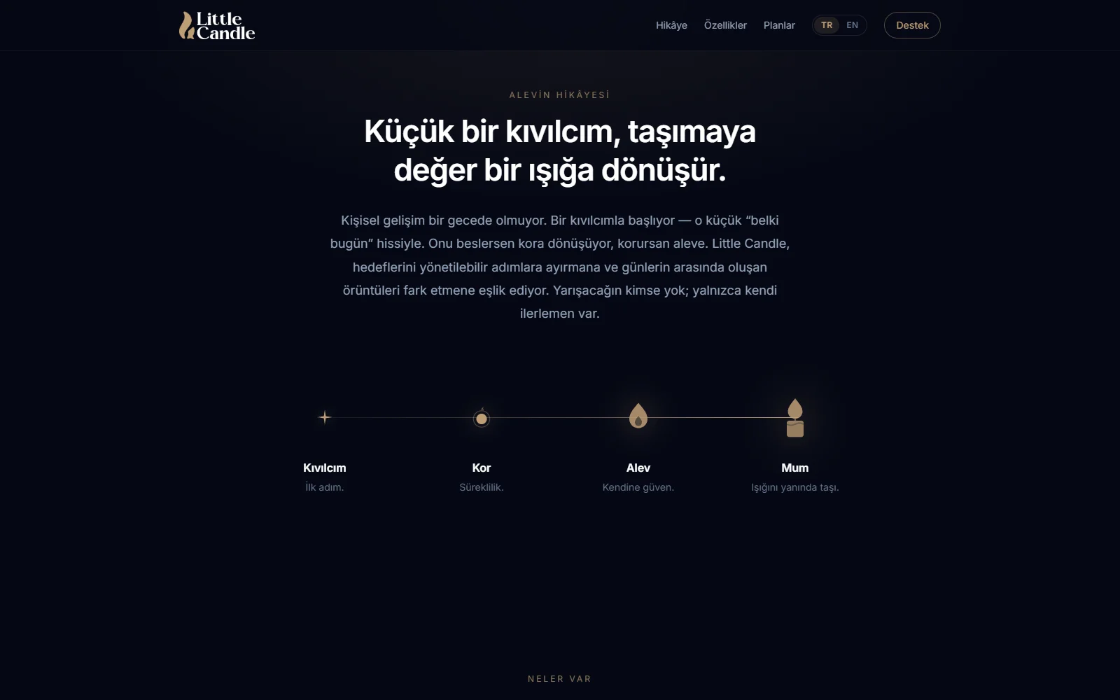 Little Candle sitesinde kıvılcım, kor, alev ve mum aşamalarını anlatan hikaye bölümü