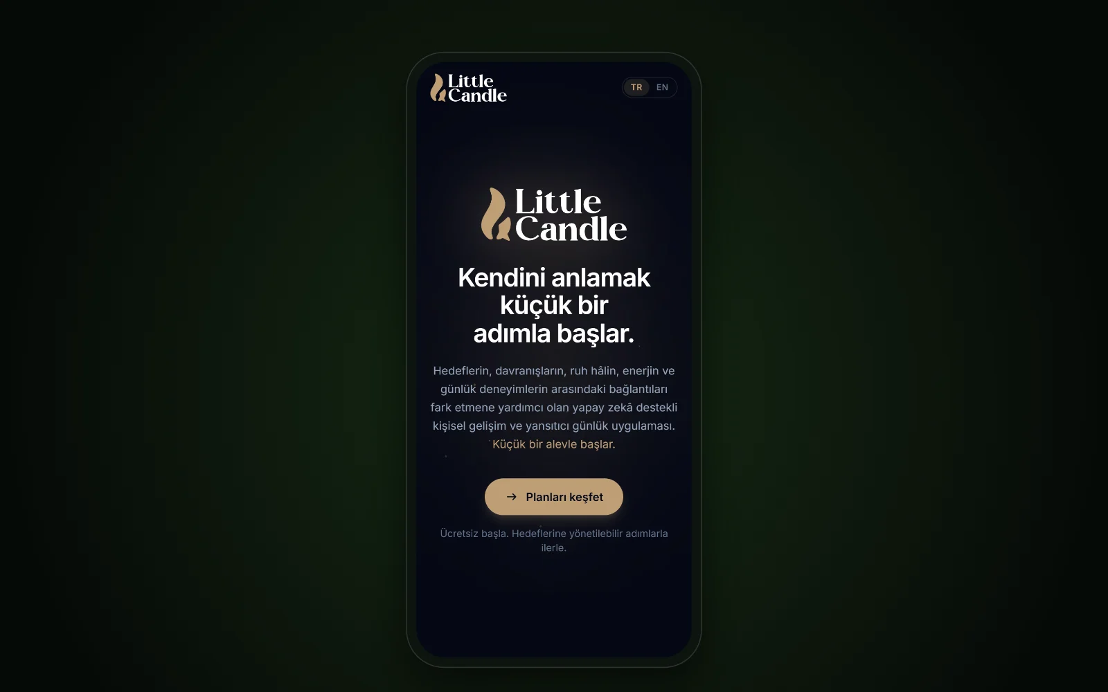 Little Candle tanıtım sitesinin telefon ekranındaki görünümü